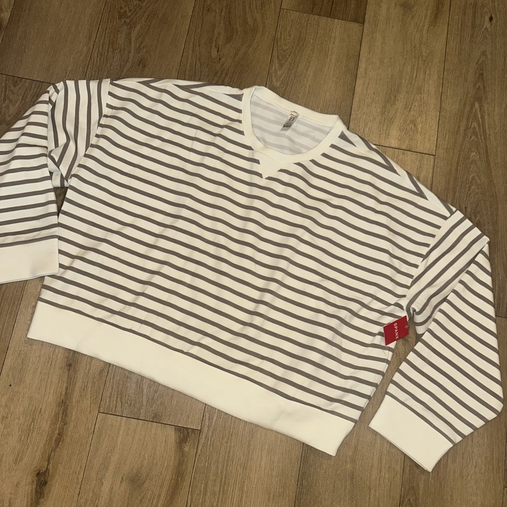 NWT SPANX "PORCELAIN FAWN" In Color Striped Knit Top Crop 3X Relaxed Fit, Soft‎